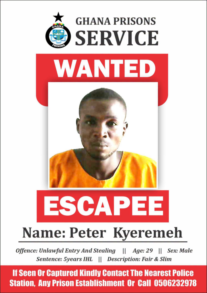 Ghana Prisons Service declares 29-year-old inmate wanted after escape