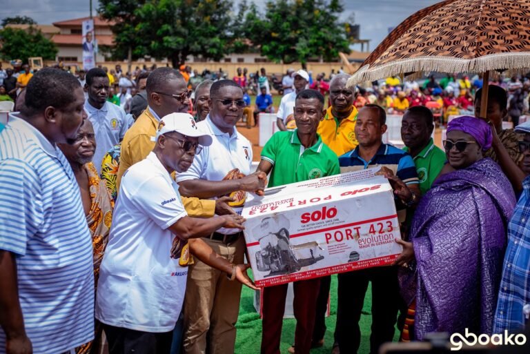 Gideon Boako distributes motorised spraying machines to Tano North cocoa farmers